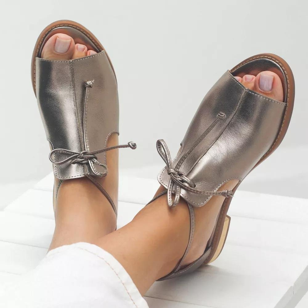 Ella | Kvinders Metalliske Peep-Toe Flade Sandaler med Sløjfestrop