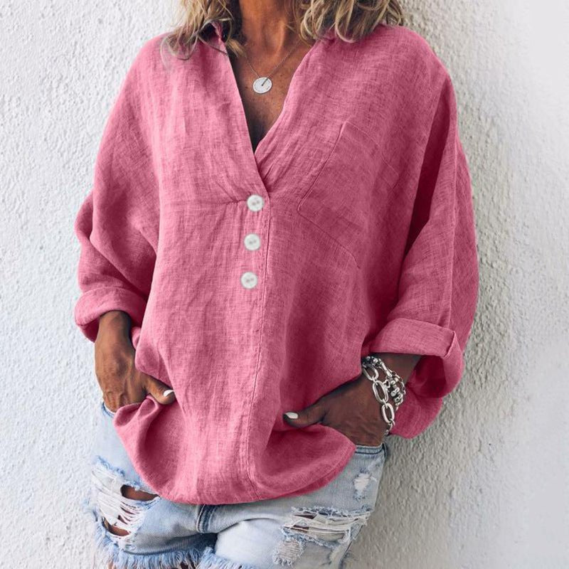 Liv | Linen Bluse Dame V-hals Oversize Løs Pasform