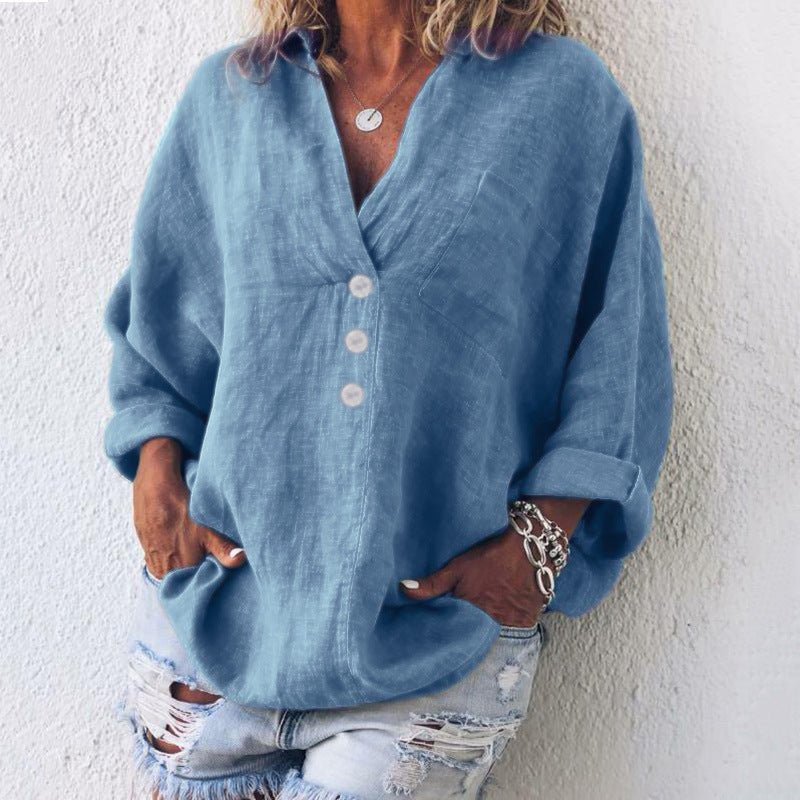 Liv | Linen Bluse Dame V-hals Oversize Løs Pasform