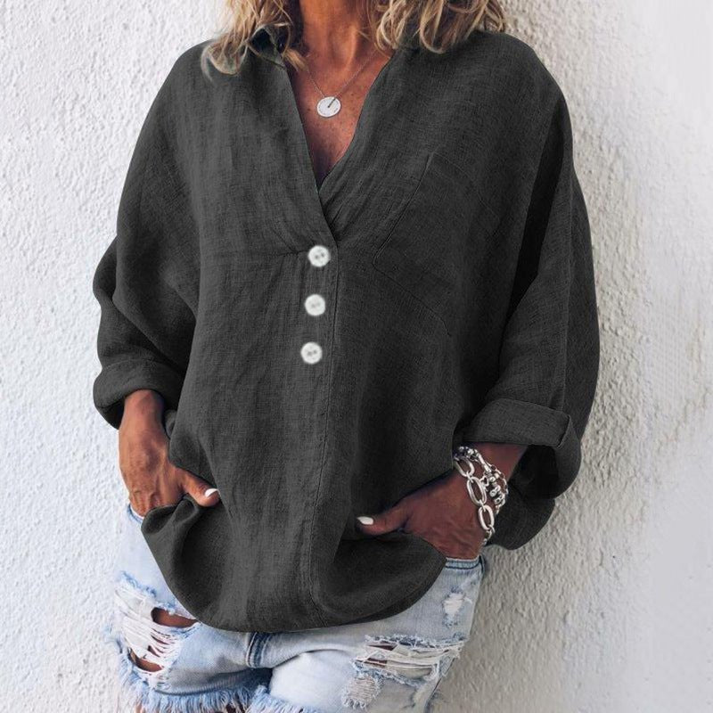 Liv | Linen Bluse Dame V-hals Oversize Løs Pasform