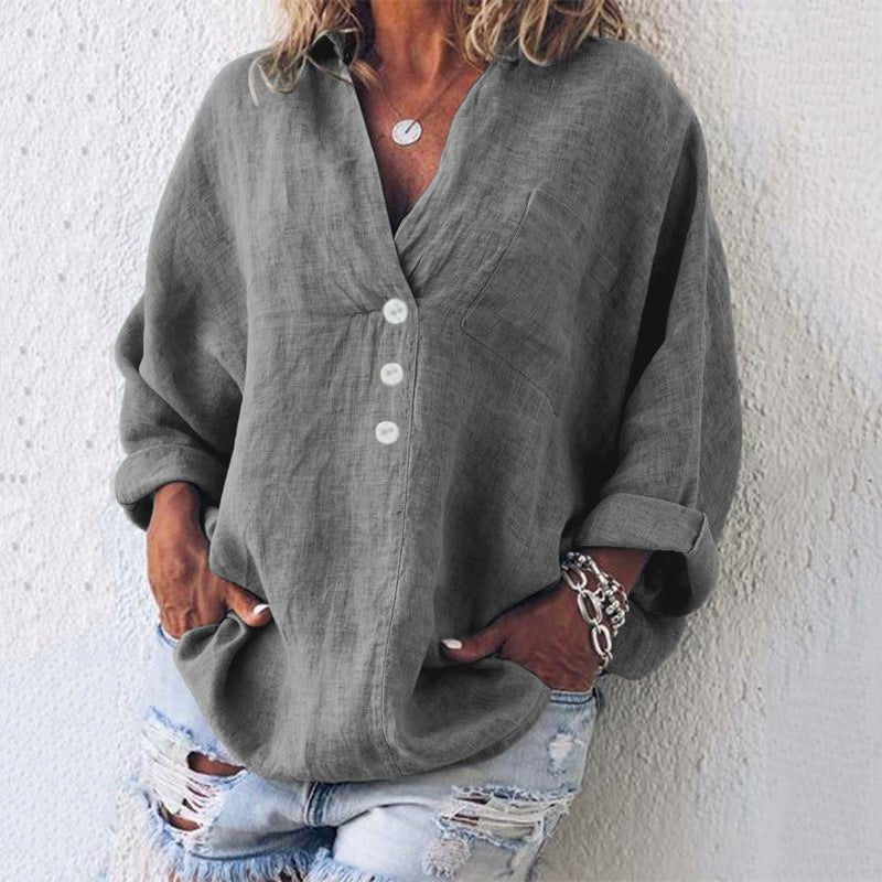 Liv | Linen Bluse Dame V-hals Oversize Løs Pasform