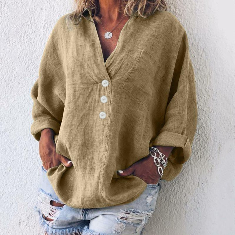 Liv | Linen Bluse Dame V-hals Oversize Løs Pasform