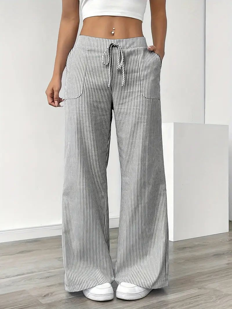 Clara | Linen Bukser Stribede Wide Leg med Lommer