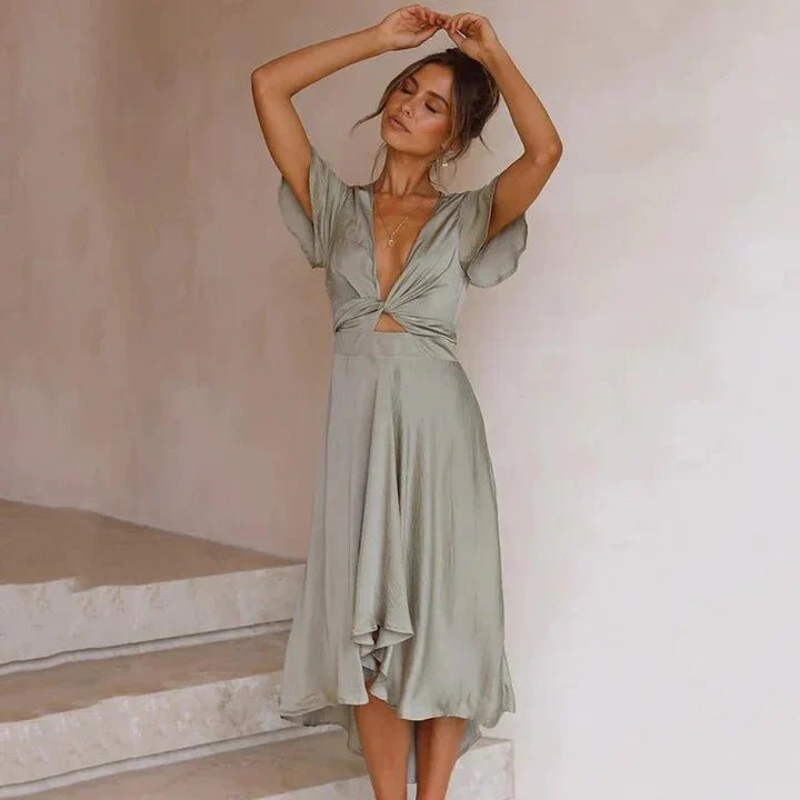 Freja | Luna Damer Satin Midi Kjole Dyb V-udskæring Butterfly Ærmer
