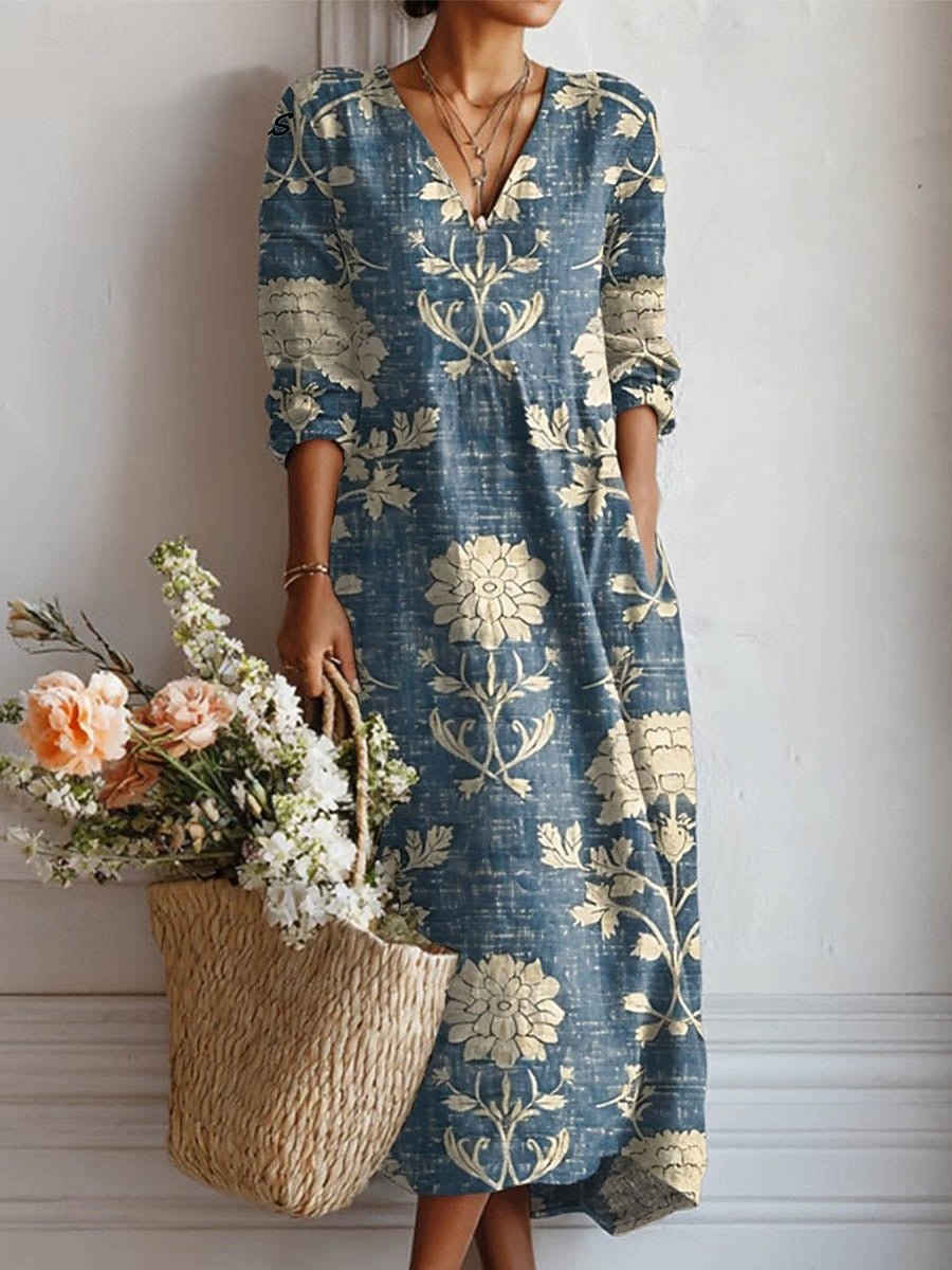 Anna | Midi Kjole Linned Blomsterprint V-hals Boho