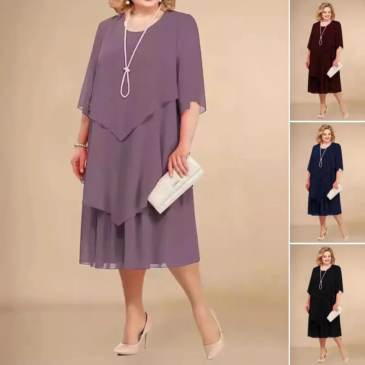 Sofia | Plus Size Chiffon Kjole Sort Asymmetrisk Lag Elegant
