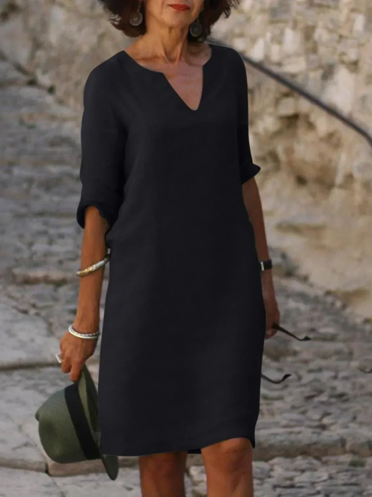 Yrsa | Dame Elegant Midi Kjole Med V-Udskæring