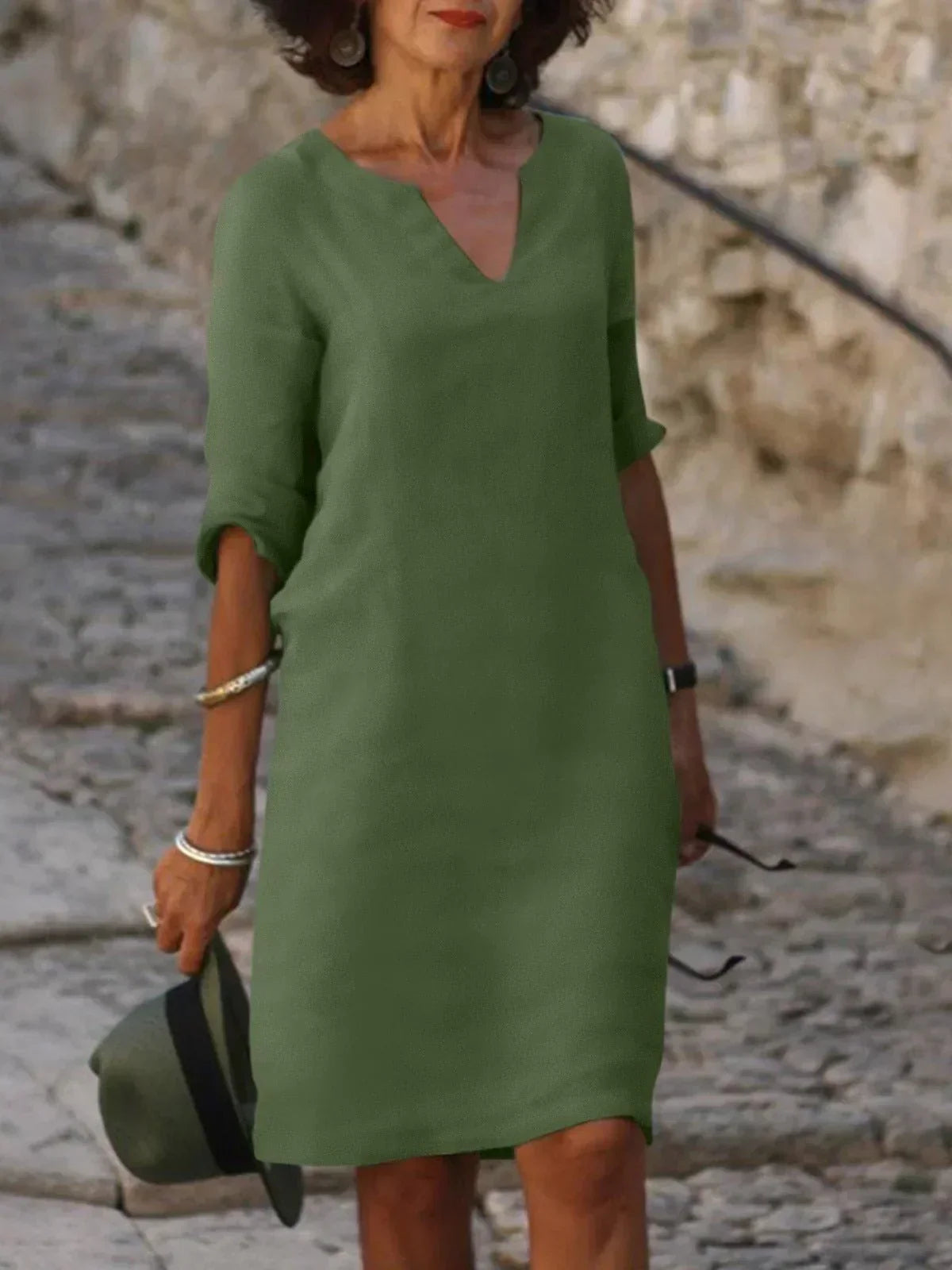 Yrsa | Dame Elegant Midi Kjole Med V-Udskæring