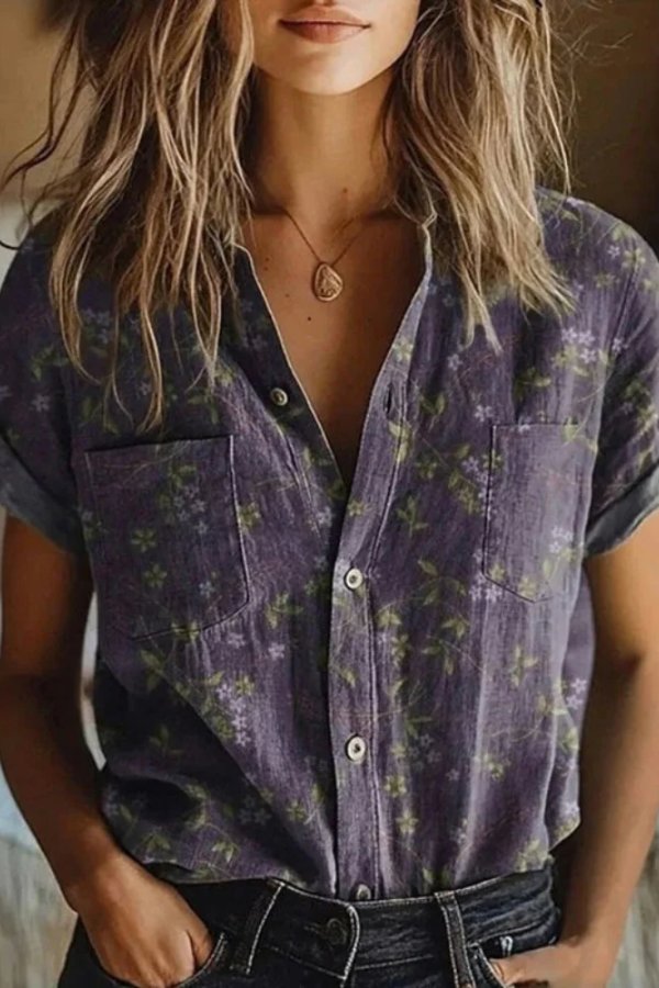 Freja | Vintage Blomsterbluse Bomuldsskjorte Kortærmet
